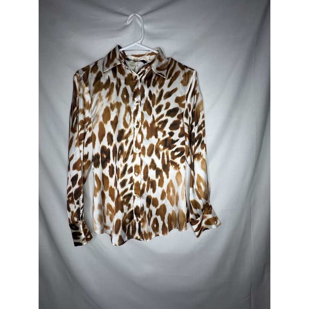 Zara Animal Print Satin Button Front Blouse Women's XS Long Sleeve Leopard
